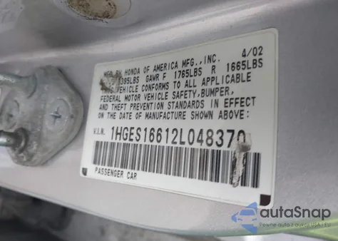 2002 Honda Civic Lx z USA, uszkodzony, nr VIN 1HGES16612L048370